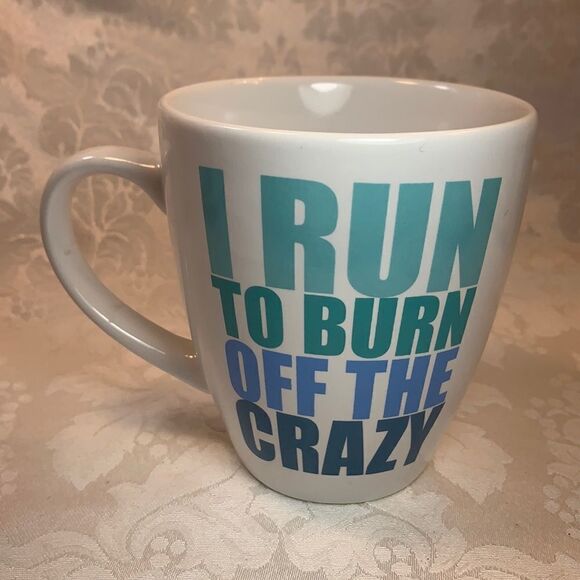Secret Celebrity I Run To Burn Off The Crazy 16 Ounce Blue Lettering White Mug - Picture 2 of 6